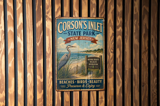 A vintage metal sign for Corson's Inlet State Park in New Jersey, featuring a seagull and a beach scene.
