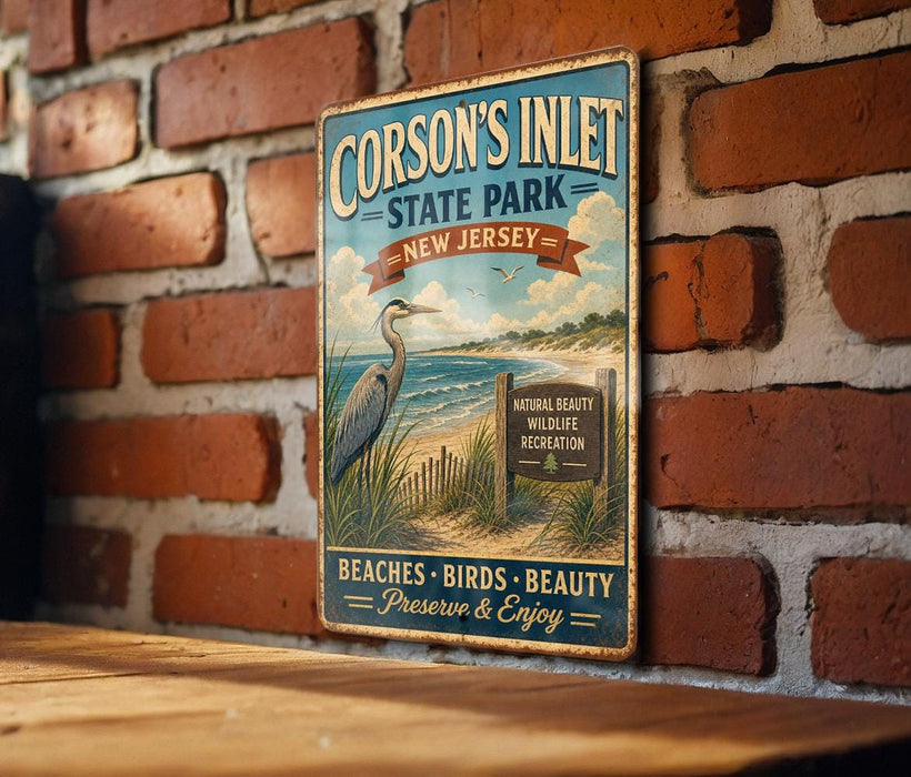 A vintage metal sign for Corson's Inlet State Park in New Jersey, featuring a seagull and beach scenery.