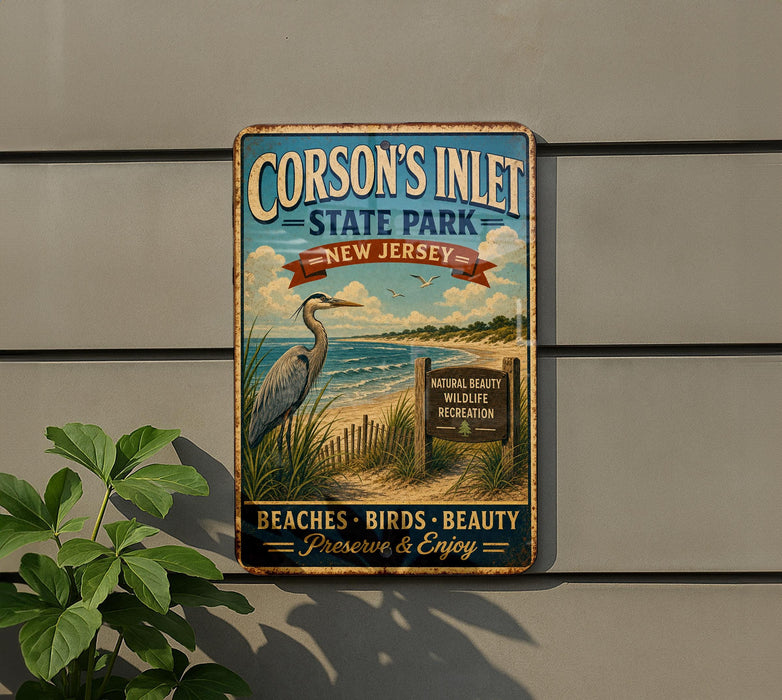 A vintage metal sign for Corson's Inlet State Park in New Jersey, featuring a large blue heron and a beach scene.