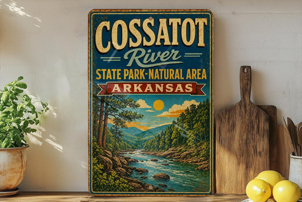 A vintage-style sign for the Cossat River State Park-Natural Area in Arkansas, featuring a scenic landscape with a river, mountains, and trees.