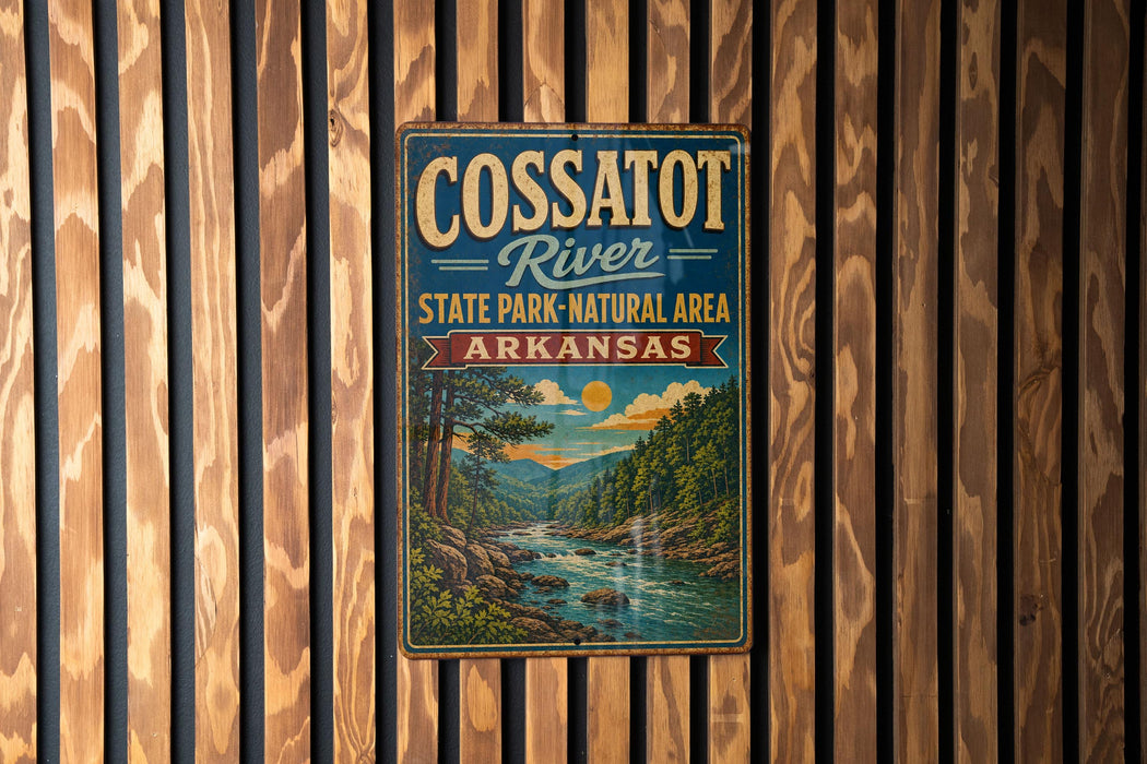 A vintage metal sign for Cossatot River State Park-Natural Area in Arkansas, featuring a scenic illustration of the river and surrounding landscape.