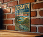 A vintage-style sign for the Cossat River State Park-Natural Area in Arkansas, featuring a scenic illustration of a river surrounded by trees and mountains.