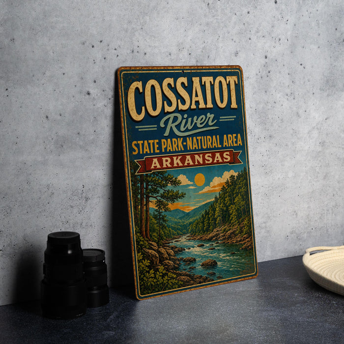 A vintage-style metal sign for the Cossat River State Park-Natural Area in Arkansas, featuring a scenic landscape with a river, mountains, and trees.