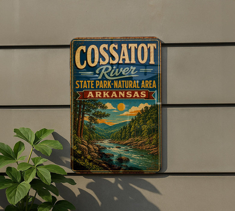 A vintage metal sign for the Cossatot River State Park in Arkansas, featuring a scenic landscape with a river, trees, and mountains.