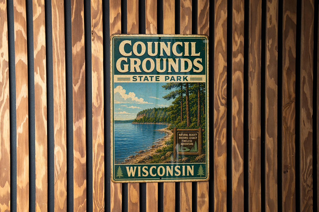 A vintage-style metal sign for Council Grounds State Park in Wisconsin, featuring a scenic landscape with a lake and forest.
