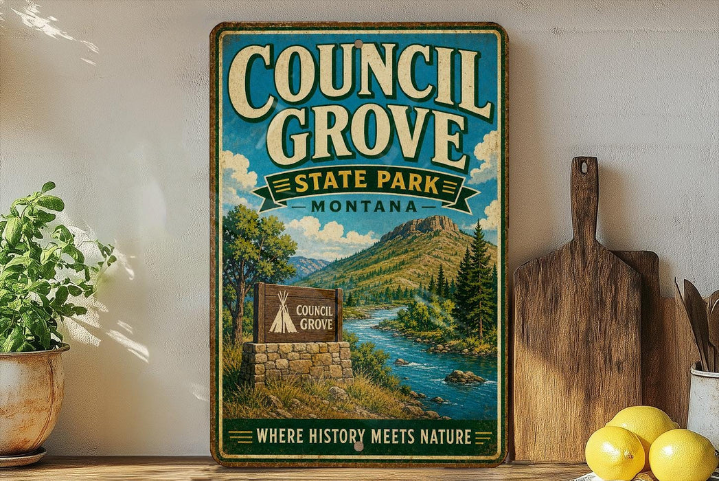 A vintage-style sign for Council Grove State Park in Montana, featuring a scenic landscape with a river and mountains.
