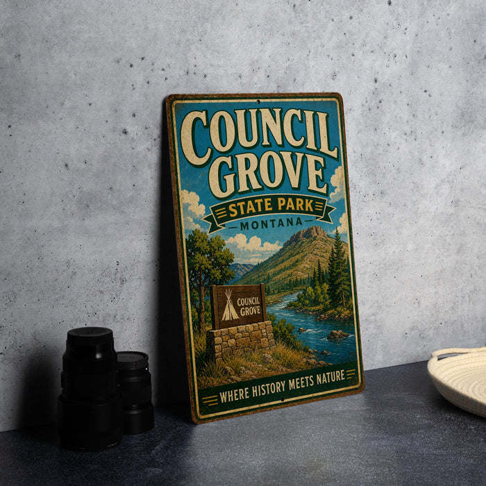 A vintage-style metal sign for Council Grove State Park in Montana, featuring a scenic landscape with a river and mountains.