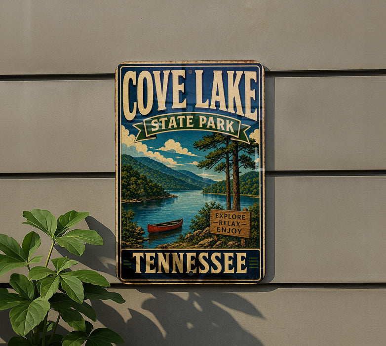A vintage-style metal sign for Cove Lake State Park in Tennessee, featuring a scenic landscape with a lake, mountains, and a canoe.