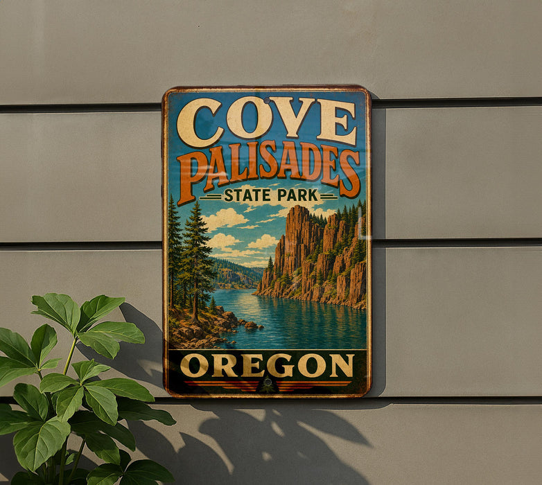A vintage metal sign for Cove Palisades State Park in Oregon, featuring a scenic landscape with mountains, trees, and a river.