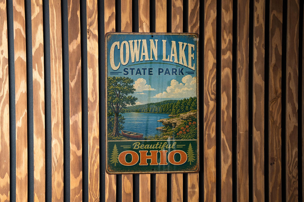 A vintage metal sign for Cowan Lake State Park in Ohio, featuring a scenic illustration of the lake and surrounding landscape.