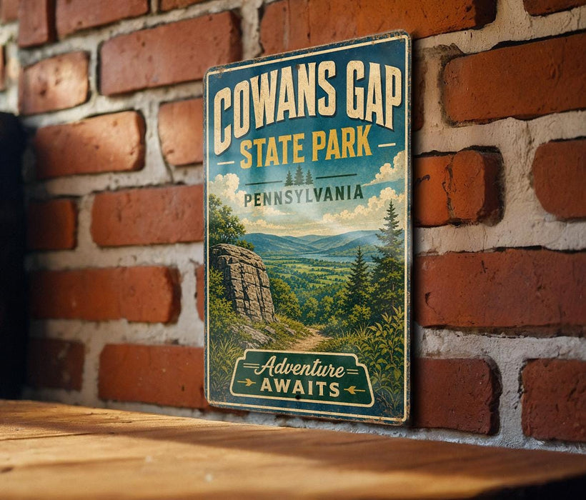 a vintage-style metal sign with the text "COWANS GAP STATE PARK PENNSYLVANIA" and "Adventure Awaits" on it, hanging on a brick wall.