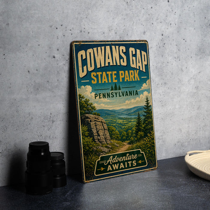 a vintage-style metal sign for Cowans Gap State Park in Pennsylvania, with a scenic landscape illustration on the sign.