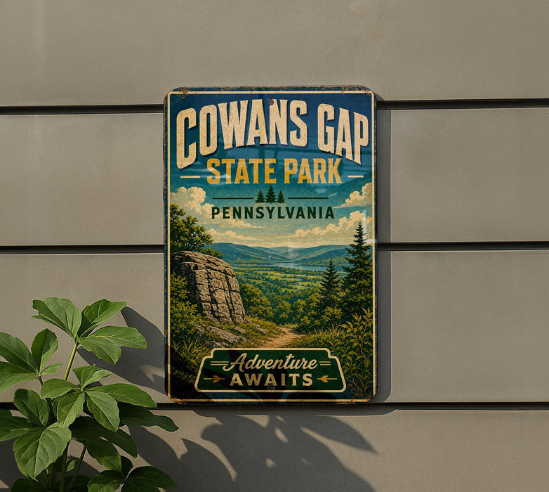 a vintage-style sign for Cowans Gap State Park in Pennsylvania, with a scenic landscape of mountains, trees, and a winding path.