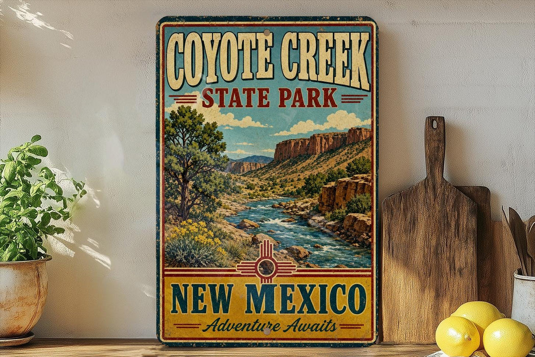 A vintage-style metal sign for Coyote Creek State Park in New Mexico, featuring a scenic landscape with a river and mountains.