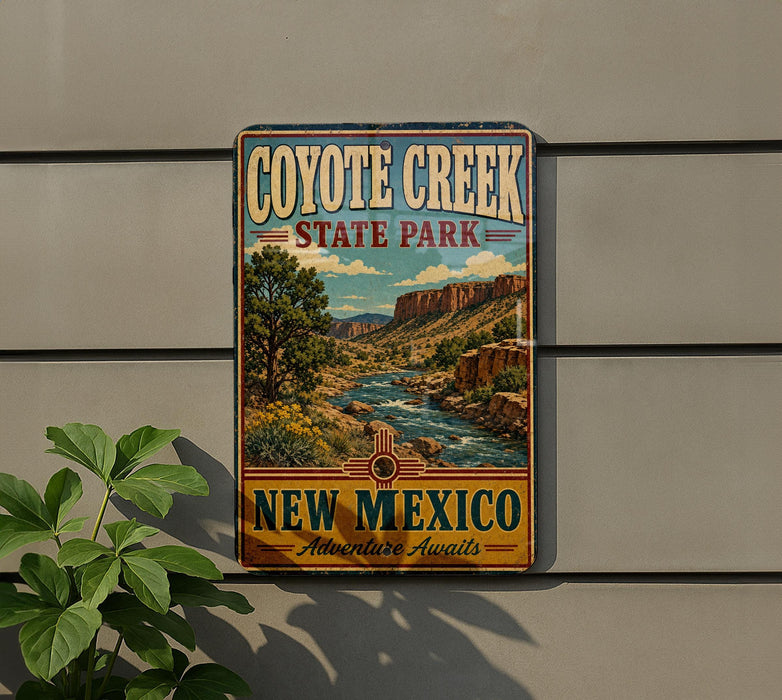 A vintage-style metal sign for Coyote Creek State Park in New Mexico, featuring a scenic landscape with mountains, a river, and a tree.