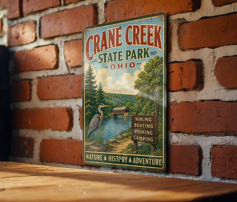A vintage metal sign for Crane Creek State Park in Ohio, featuring a scenic illustration of a lake, forest, and wildlife.
