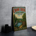 A vintage metal sign for Crane Creek State Park in Ohio, featuring a scenic illustration of a lake, trees, and a crane, along with text promoting hiking, boating, fishing, and camping activities.