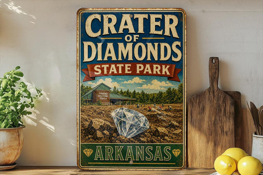 A vintage-style sign for Crater of Diamonds State Park in Arkansas, featuring an illustration of a diamond and a wooden sign with the text "Crater of Diamonds State Park Arkansas".