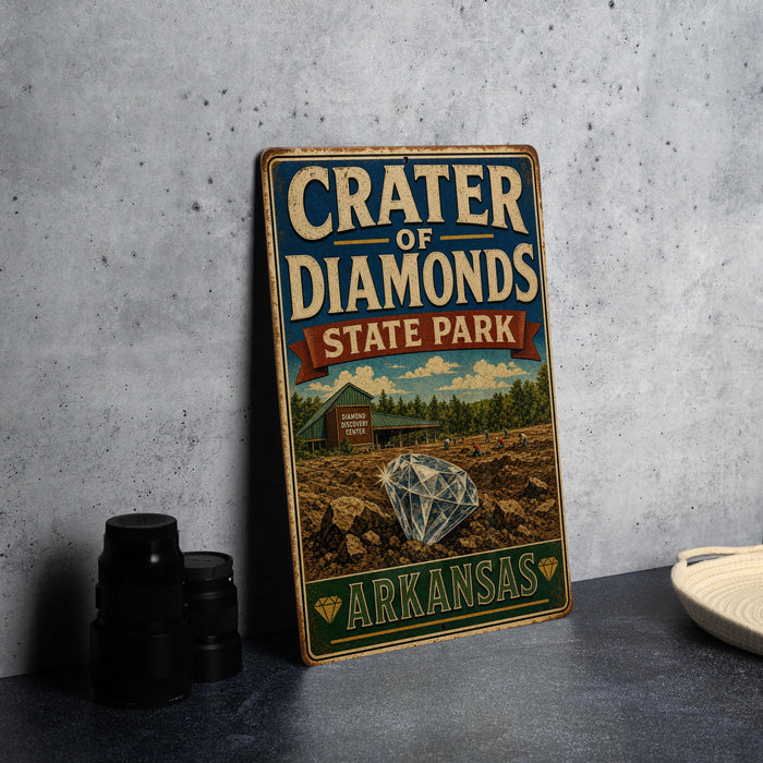 A vintage-style sign for Crater of Diamonds State Park in Arkansas, featuring an illustration of a diamond and a barn in the background.