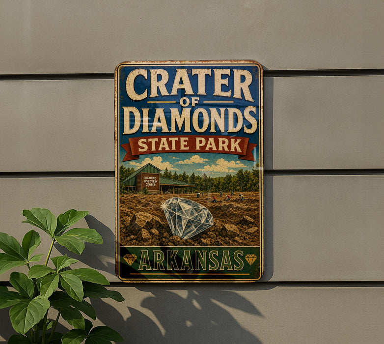 A vintage-style sign for Crater of Diamonds State Park in Arkansas, featuring a diamond image and text.