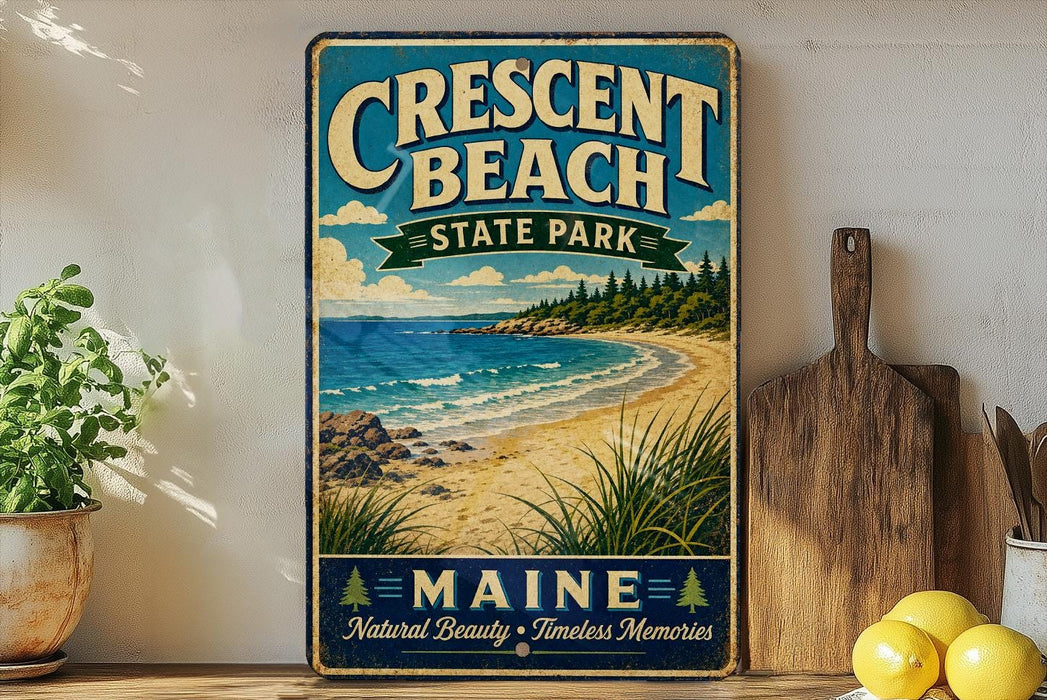 A vintage-style metal sign for Crescent Beach State Park in Maine, featuring a beach scene with a rocky coastline, pine trees, and a blue sky with clouds.
