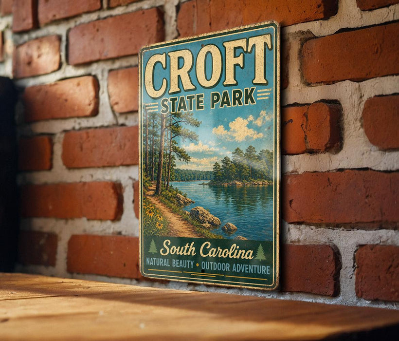 A vintage metal sign for Croft State Park, featuring a scenic landscape with a lake and trees, is displayed on a brick wall.