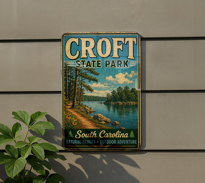 A vintage metal sign for Croft State Park, featuring a scenic landscape with a lake, trees, and a path leading to the park.