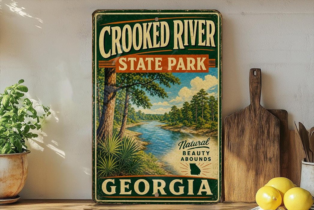 A vintage-style sign for Crooked River State Park in Georgia, featuring a scenic illustration of a river surrounded by lush greenery.