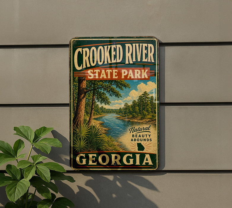 A vintage-style metal sign for Crooked River State Park in Georgia, featuring a scenic landscape with a river, trees, and a cloudy sky.