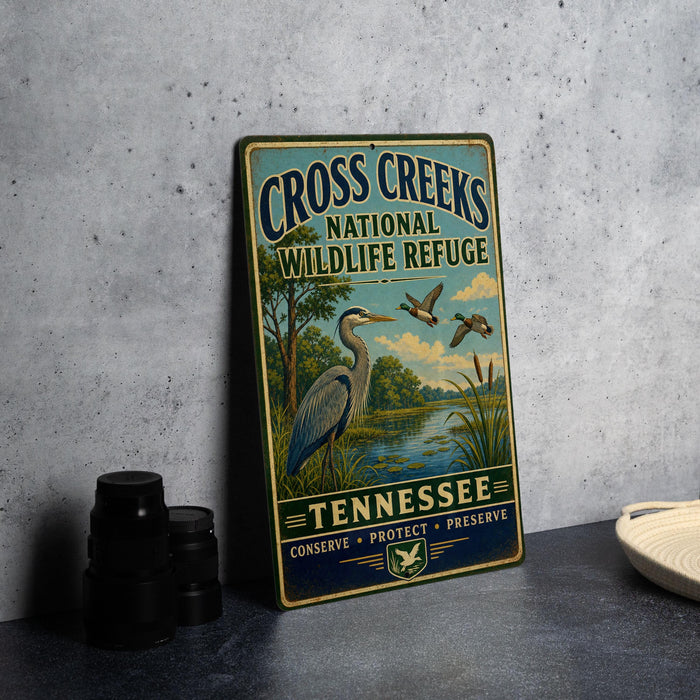A vintage-style sign for Cross Creek National Wildlife Refuge in Tennessee, featuring illustrations of birds and a serene landscape.
