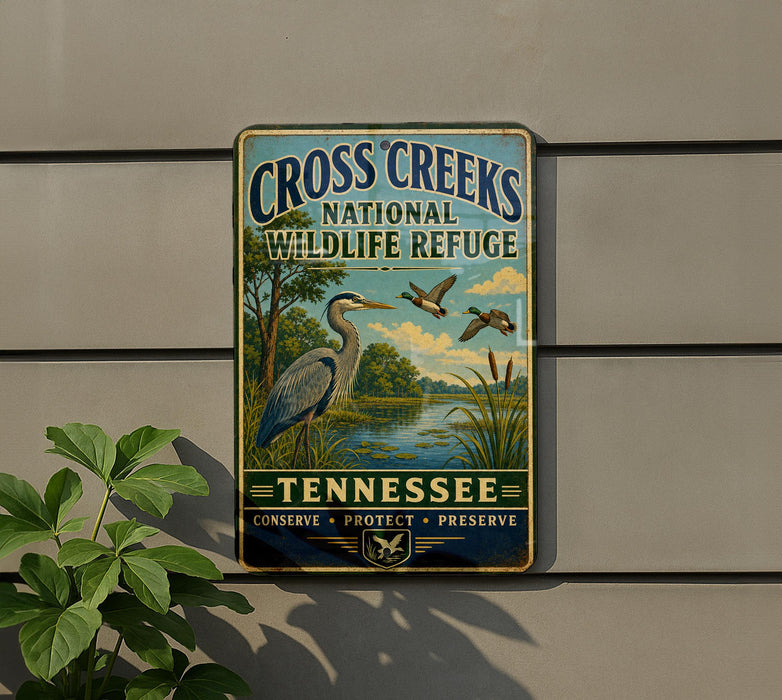 A vintage-style sign for the Cross Creek National Wildlife Refuge in Tennessee, featuring a blue heron and ducks in a pond.