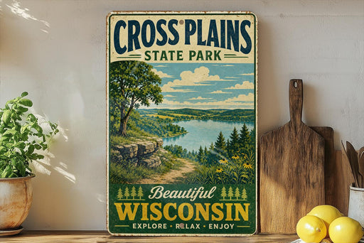 A vintage-style sign for Cross Plains State Park in Wisconsin, featuring a scenic landscape with a lake and mountains.