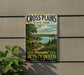 A vintage-style sign for Cross Plains State Park in Wisconsin, featuring a scenic landscape with a lake and forest.