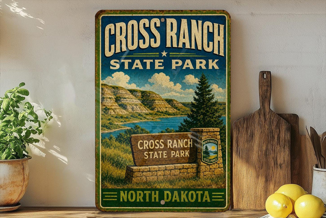 A vintage-style sign for Cross Ranch State Park in North Dakota, featuring a scenic landscape with mountains, a lake, and a wooden signpost.