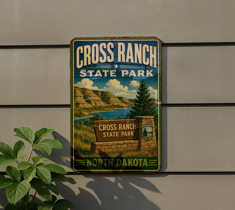 A metal sign for Cross Ranch State Park in North Dakota, featuring a scenic landscape with mountains, a lake, and a pine tree.
