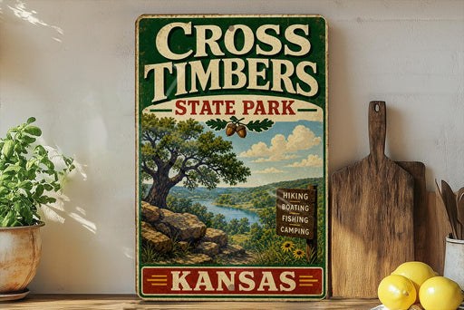 A vintage-style sign for Cross Timbers State Park in Kansas, featuring a scenic landscape with a river, trees, and mountains.