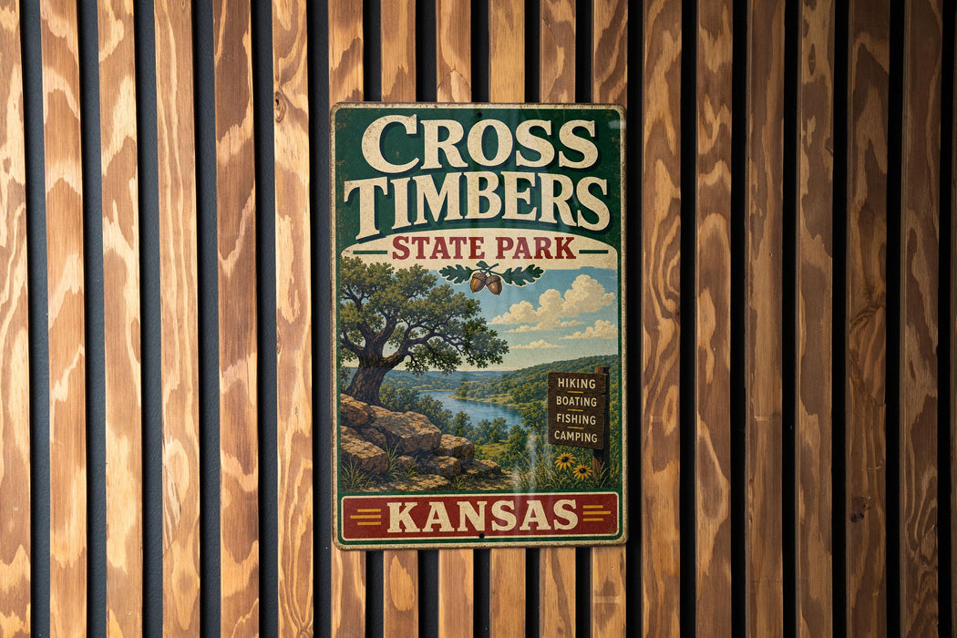 A vintage metal sign for Cross Timbers State Park in Kansas, featuring a scenic illustration of a river, trees, and mountains.