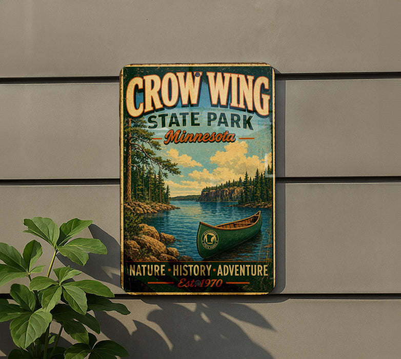 A vintage metal sign for Crow Wing State Park in Minnesota, featuring a canoe on a lake surrounded by pine trees.