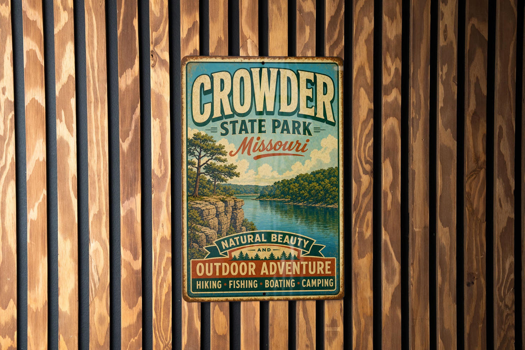 A vintage metal sign for Crowder State Park in Missouri, featuring a scenic landscape with a river and mountains.