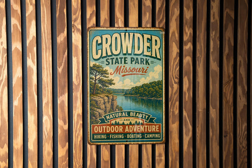 A vintage metal sign for Crowder State Park in Missouri, featuring a scenic landscape with a river and mountains.