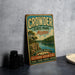 A vintage metal sign for Crowder State Park, Missouri, featuring a scenic landscape with a lake and mountains.