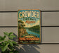 A vintage metal sign for Crowder State Park in Missouri, featuring a scenic landscape with a river and trees.
