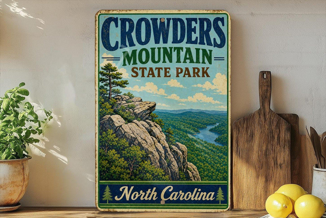 A vintage-style sign for Crowders Mountain State Park in North Carolina, featuring a scenic mountain landscape with a river and pine trees.