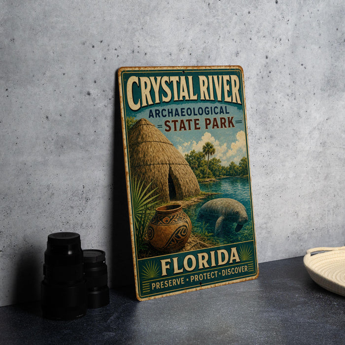 A vintage-style sign for Crystal River Archaeological State Park in Florida, featuring a manatee and a thatched hut, is displayed on a gray concrete surface.