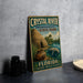 A vintage-style sign for Crystal River Archaeological State Park in Florida, featuring a manatee and a thatched hut, is displayed on a gray concrete surface.