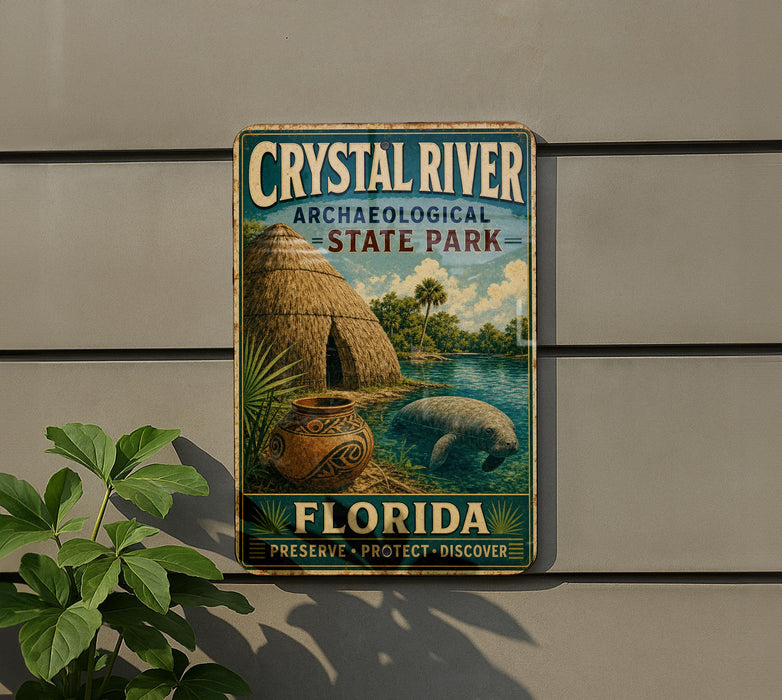 A vintage-style sign for Crystal River Archaeological State Park in Florida, featuring a manatee and a thatched-roof hut in a tropical setting.