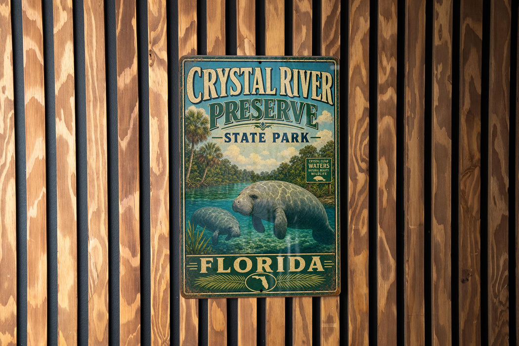 A vintage metal sign for Crystal River Preserve, featuring a manatee and surrounded by a tropical landscape, is displayed on a wooden wall.