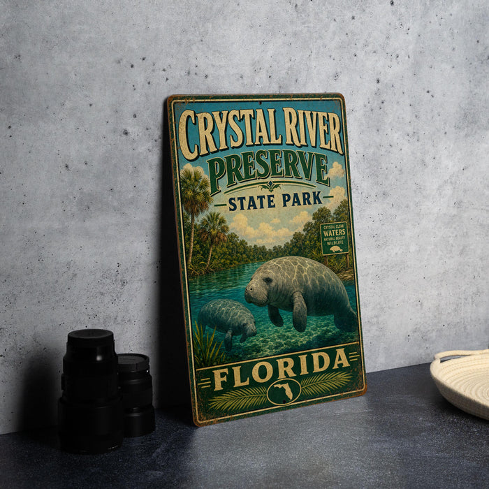 A vintage-style metal sign for Crystal River Preserve, featuring a manatee and surrounded by a tropical landscape, is displayed on a gray countertop.