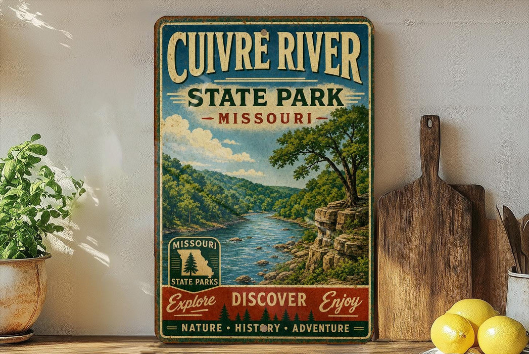 a vintage-style sign for Cuivre River State Park, Missouri, with a scenic illustration of a river and forest landscape. The sign is displayed on a shelf next to a wooden cutting board and a potted plant, creating a rustic and nature-inspired setting.