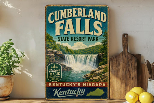 A vintage-style sign for Cumberland Falls State Resort Park in Kentucky, featuring a waterfall and lush greenery.